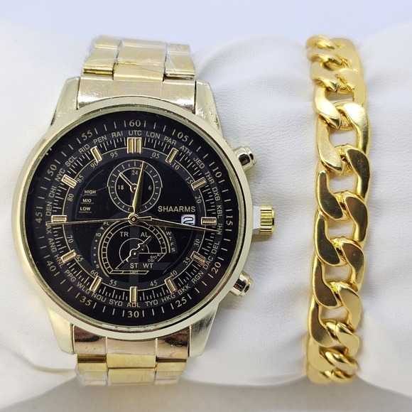 Other - Men's 2PC Watch Bracelet Set 41MM‎ Black Dial Date Gold Bracelet Band 7" Wrist